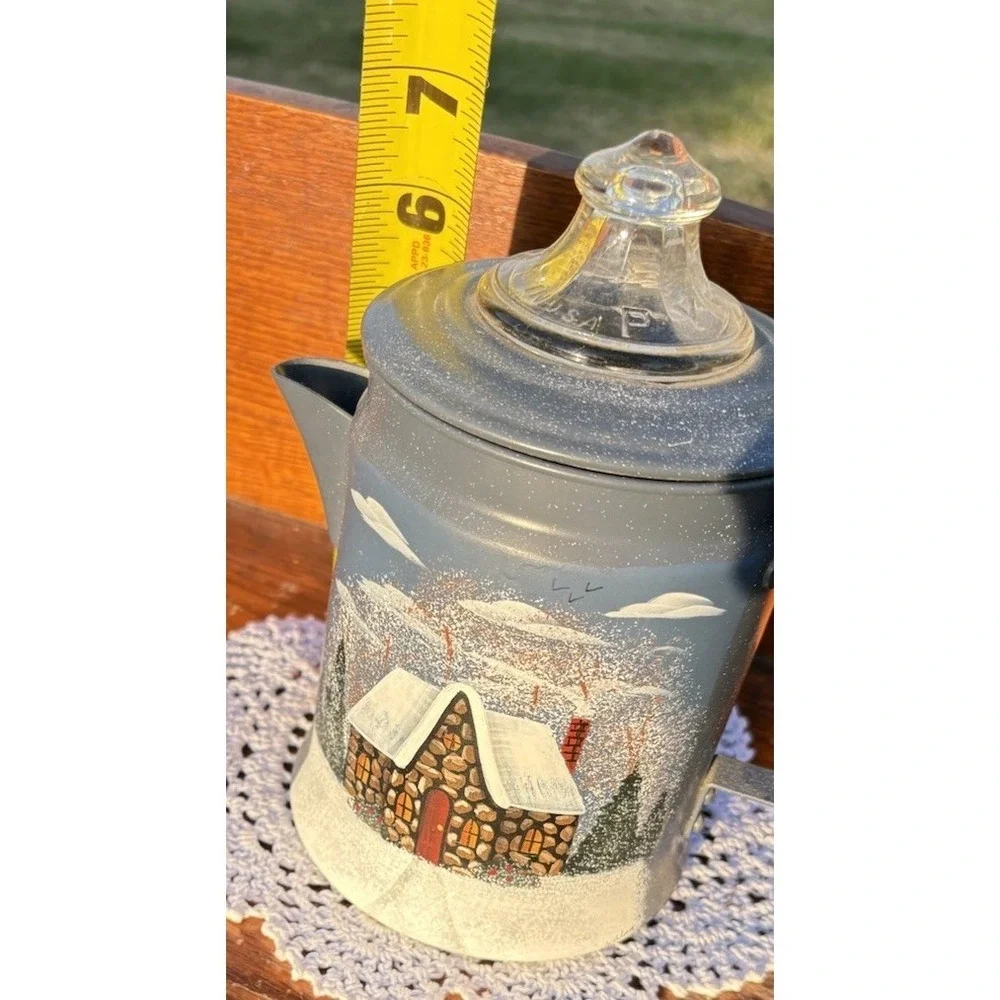 Vtg Light Blue Metal Pyres Coffee Pot Perculator Hand Painted Winter Home Scene